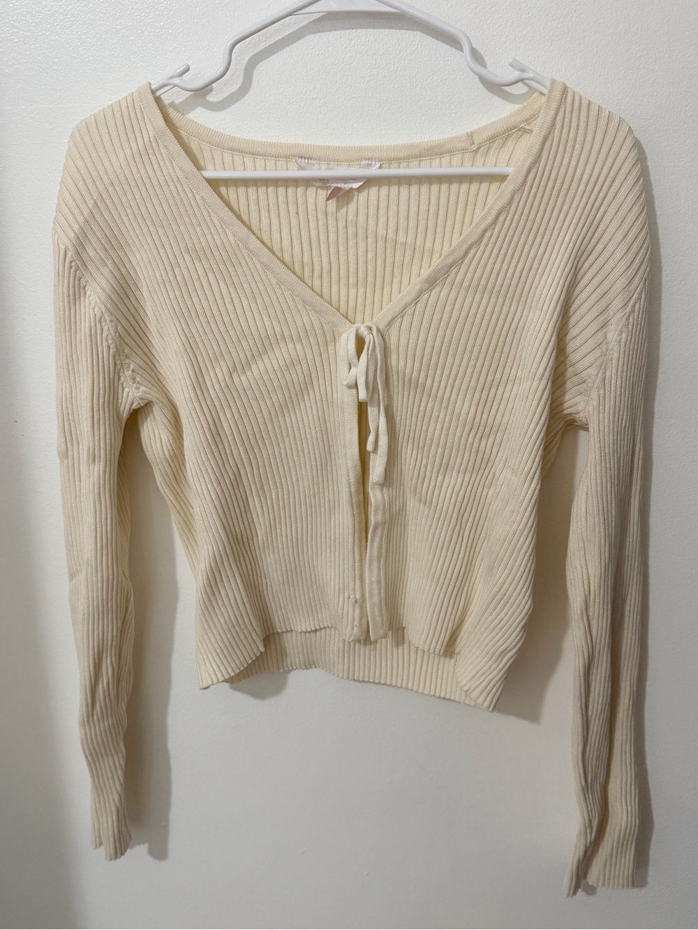 Cream Ribbed Tie-Front Long Sleeve Top